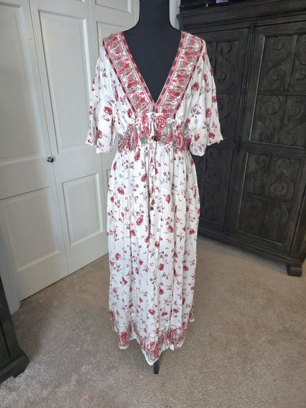 Free People Lysette Maxi Dress | Ivory Rose Floral Boho Maxi | Size Large